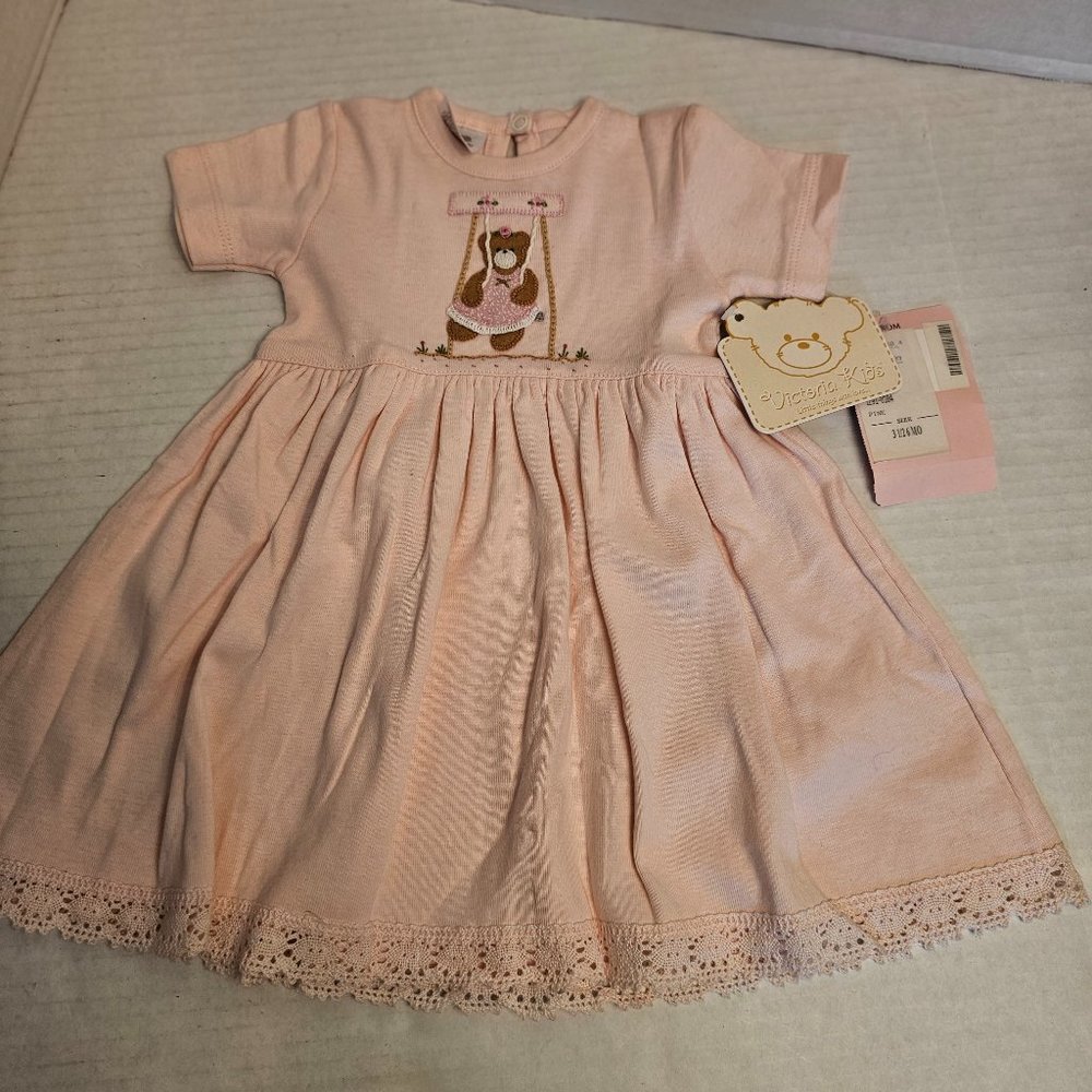 New Soft Pink 3D Embroidered Teddy Bear Girls Baby Infant Dress Flower Lace